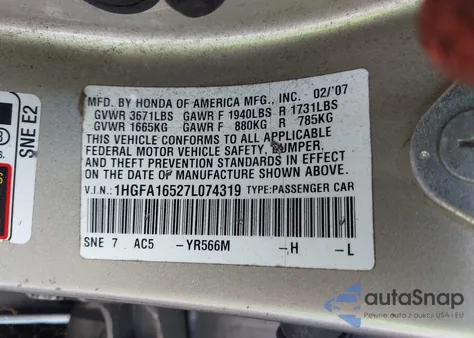 2007 Honda Civic Lx z USA, uszkodzony, nr VIN 1HGFA16527L074319